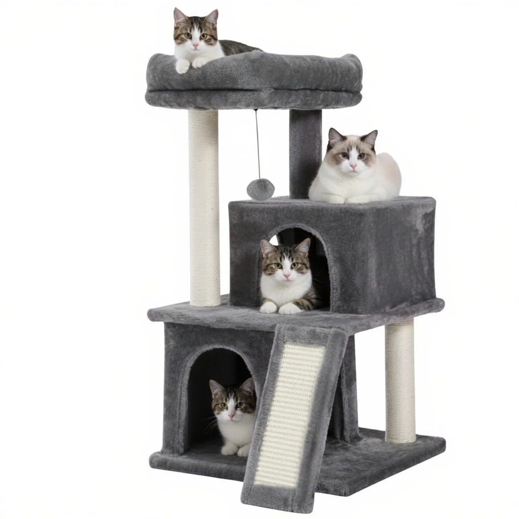 arbre-a-chat-design-85cm-le-duplex-felin-a-doubles-niches-et-rampe-gris