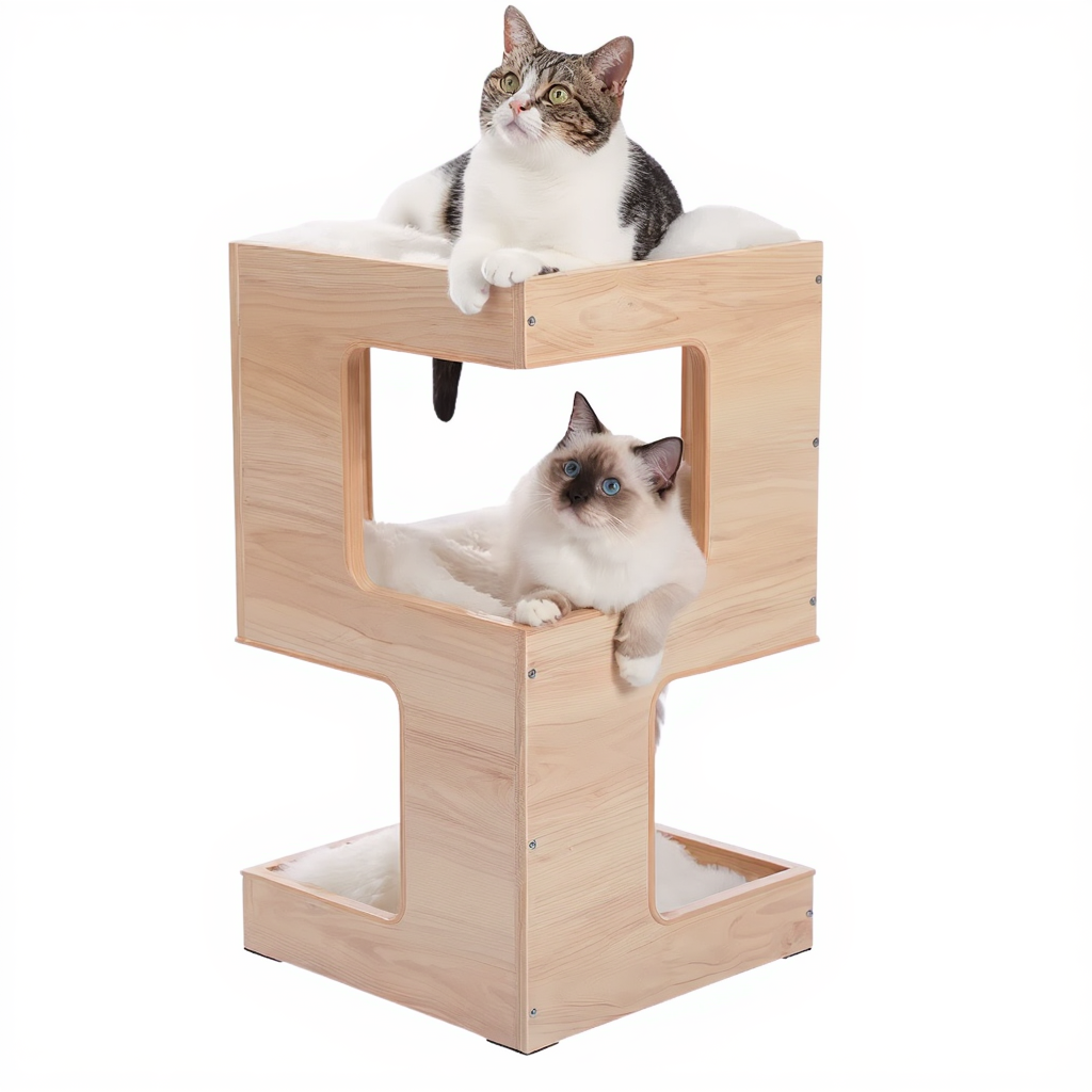 arbre-a-chat-en-bois-la-table-cubique-avec-niche-et-coussins-beige