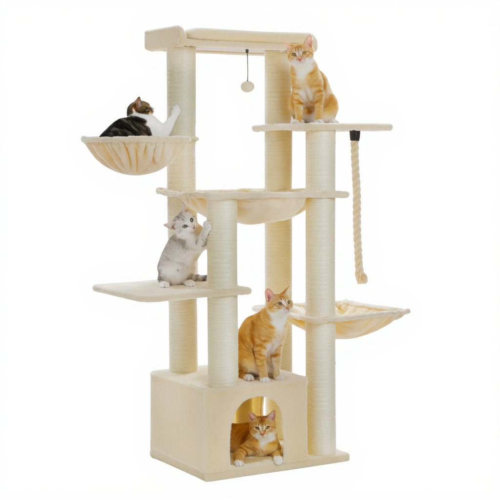 arbre-a-chat-maine-coon-en-bois-170cm-refuge-xxl-avec-3-coupelles-beige