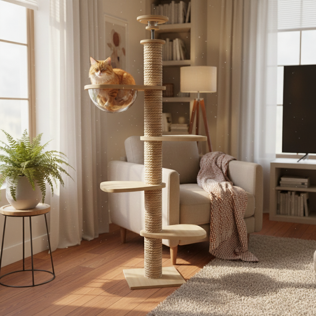 arbre-a-chat-maine-coon-en-bois-270cm-skyluxe-sol-plafond-avec-bulle-chat